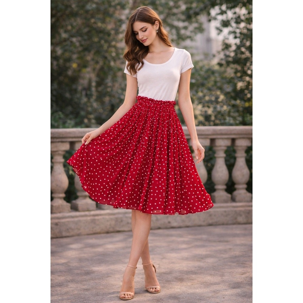 French Girl Coquette Pleated Red Polka Dot Midi Skirt Sumer Party Wedding SZ S
